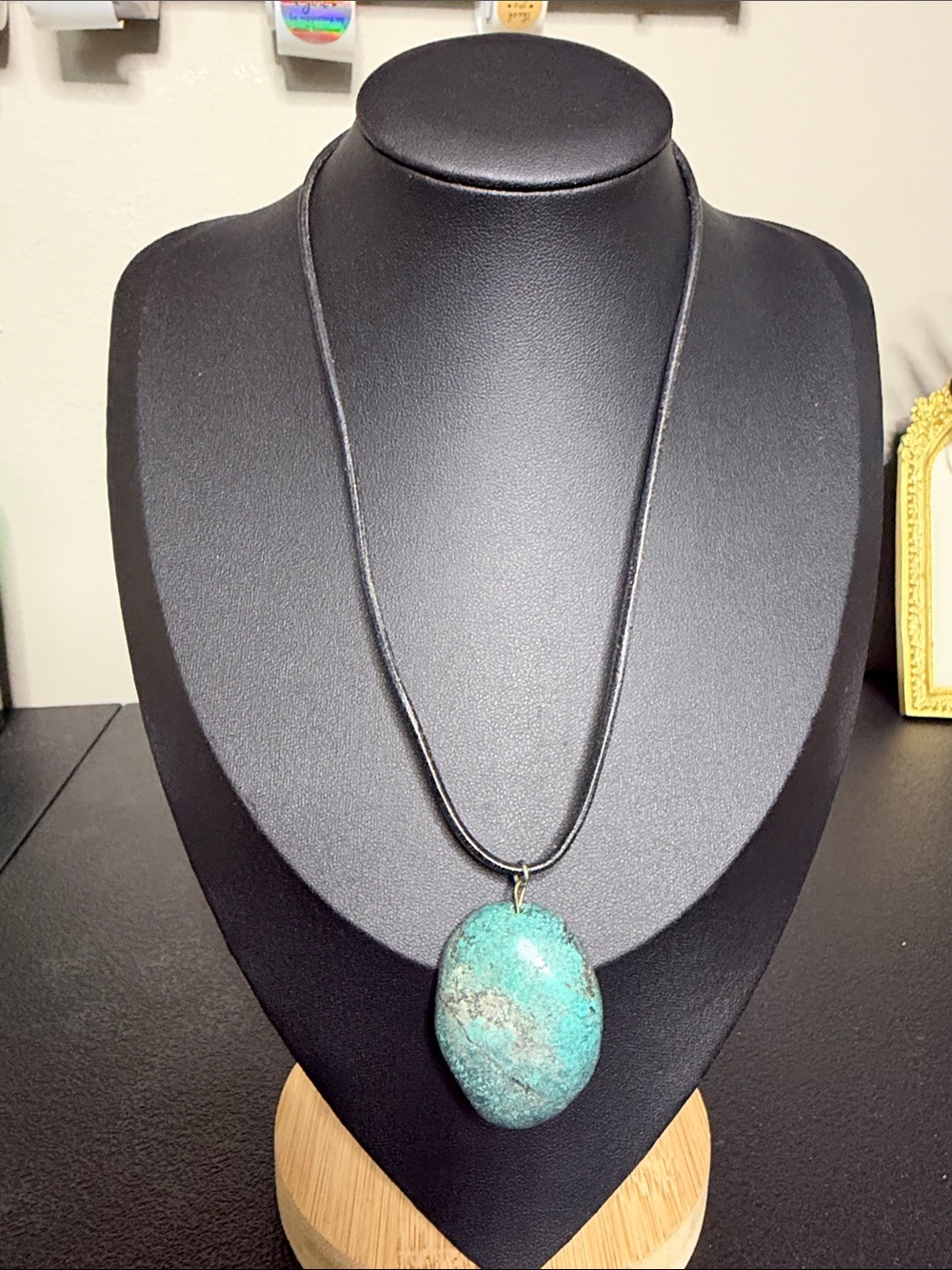 Boho Western Turquoise-Style Green Stone Pendant Necklace Black Cord